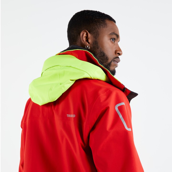 Veste de quart imperméable et coupe vent de voile sailing 500 homme rouge jaune