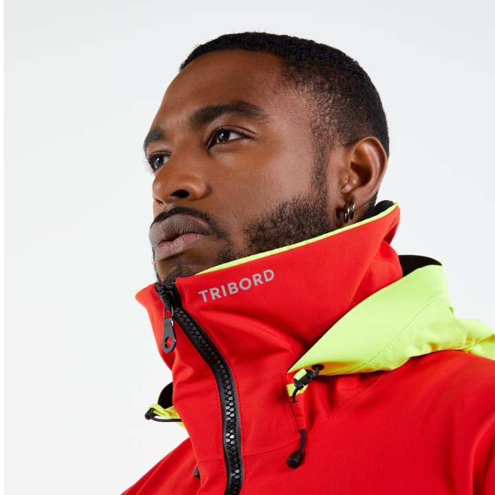 Veste de quart imperméable et coupe vent de voile sailing 500 homme rouge jaune