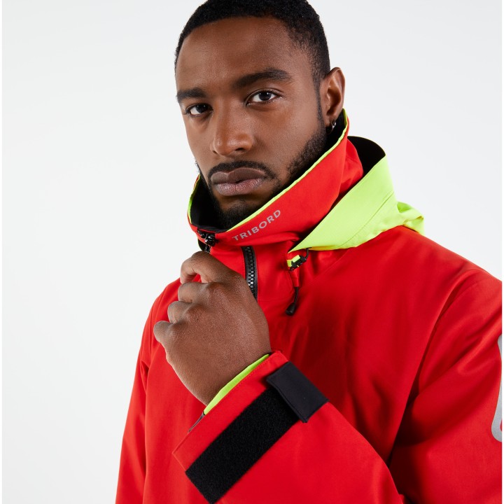 Veste de quart imperméable et coupe vent de voile sailing 500 homme rouge jaune